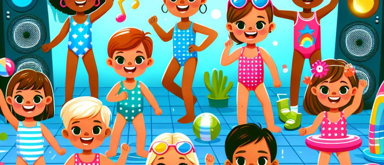 Een vrolijke en kleurrijke illustratie van een minidisco bij het zwembad. Kinderen dansen in zwemkle.jpeg