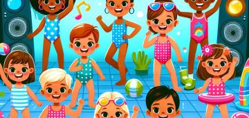 Een vrolijke en kleurrijke illustratie van een minidisco bij het zwembad. Kinderen dansen in zwemkle.jpeg